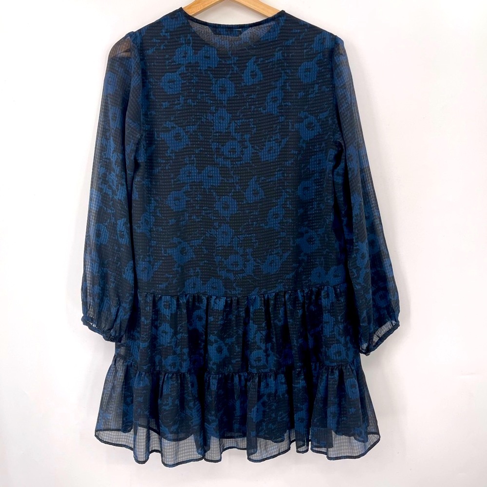 Zara Tiered Floral Mini Dress Textured Long Sleeve A Line Dress Size XS - Picture 4 of 8